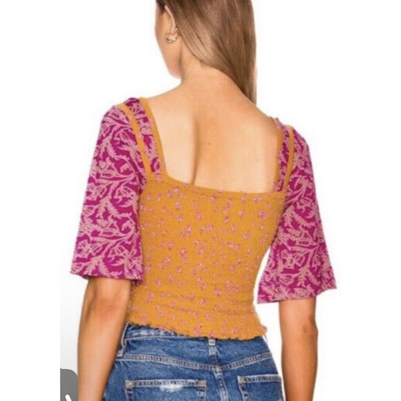 Free People Size Small Crop Cinched Marigold Top shirred body blouse Pink Sleeve - Picture 2 of 8